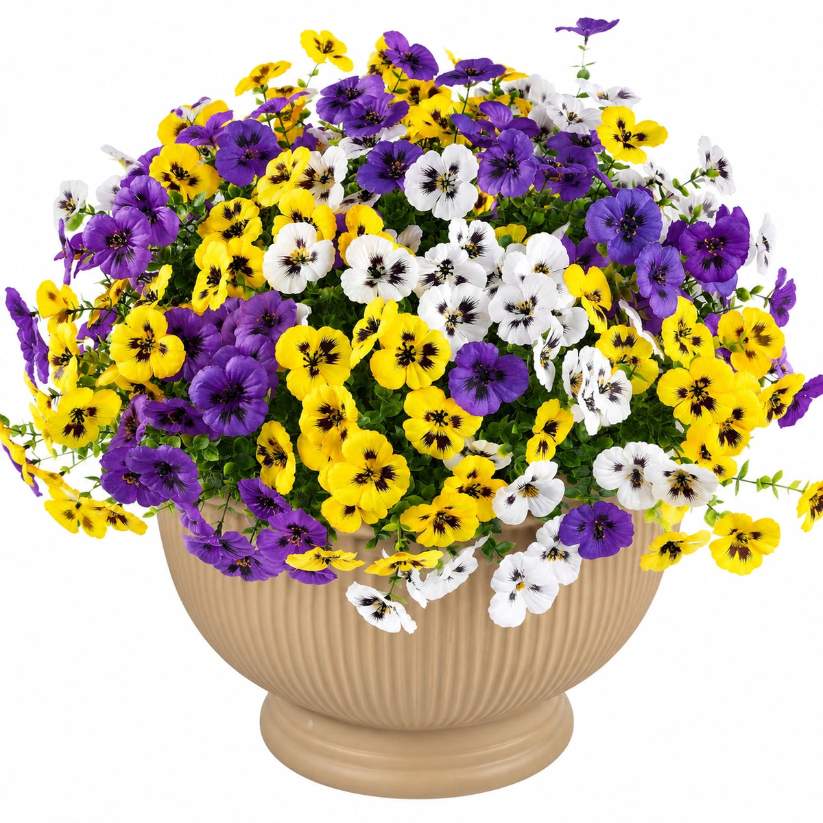 Flores Artificiales Pensamientos en Maceta Colores Violeta, Amarillo y Blanco