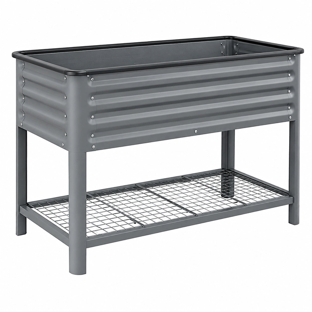 Cama elevada de metal para jardinería con estante gris